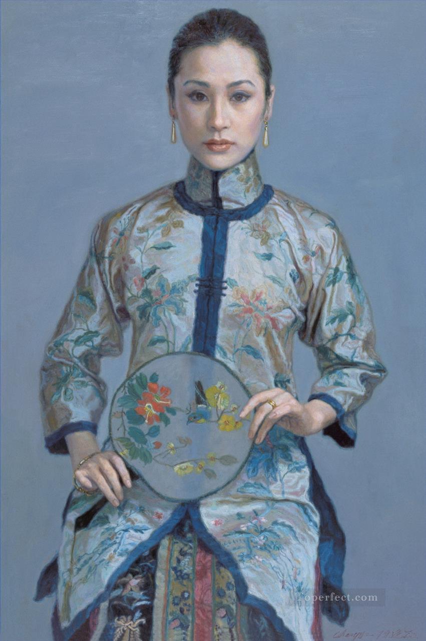 ファンを持つ女性 中国のチェン・イーフェイの女の子油絵